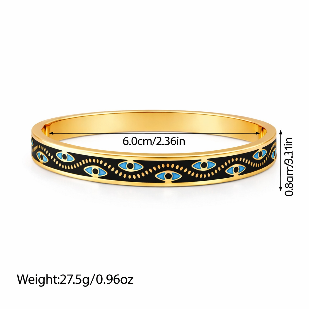 Mystique Jewelries Black Vintage 18k gold plated Evil Eye Stainless Steel and Blue Enamel Stackable Fashion Bangle