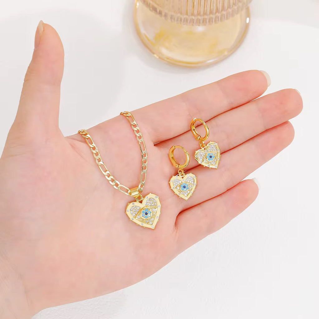 Mystique Jewelries Evil Eye Jewelry Set Gold Heart Pendant Necklace & Drop Earrings.