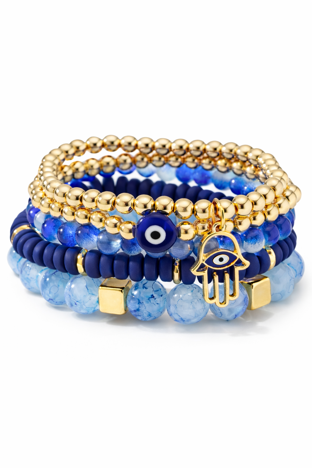 Mystique Jewelries 5PCS Hamsa Hand Evil Eye Beaded Bracelet Set – Blue Glass Beads Stretch Stackable Protection Bracelets for Women