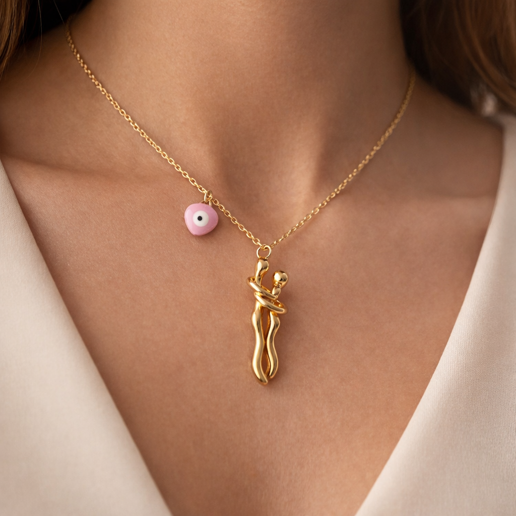 Mystique Jewelries 18K Gold Plated Waterproof Detachable Hug Necklace with Evil Eye Charm