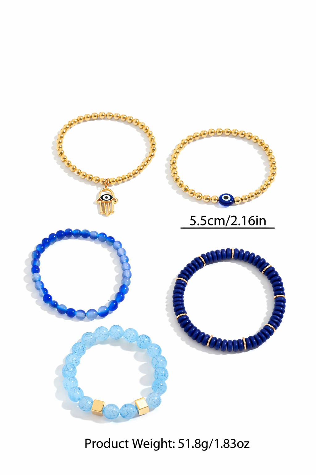 Mystique Jewelries 5PCS Hamsa Hand Evil Eye Beaded Bracelet Set – Blue Glass Beads Stretch Stackable Protection Bracelets for Women