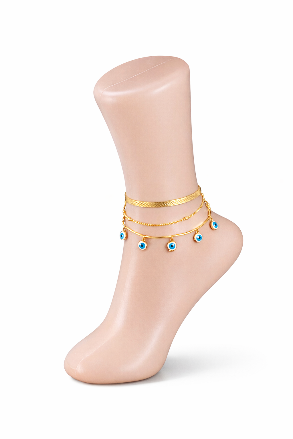 Mystique Jewelries Gold Evil Eye Anklet Set – 3 Piece Layered Adjustable Anklets with Blue Charm | Protection Jewelry for Women
