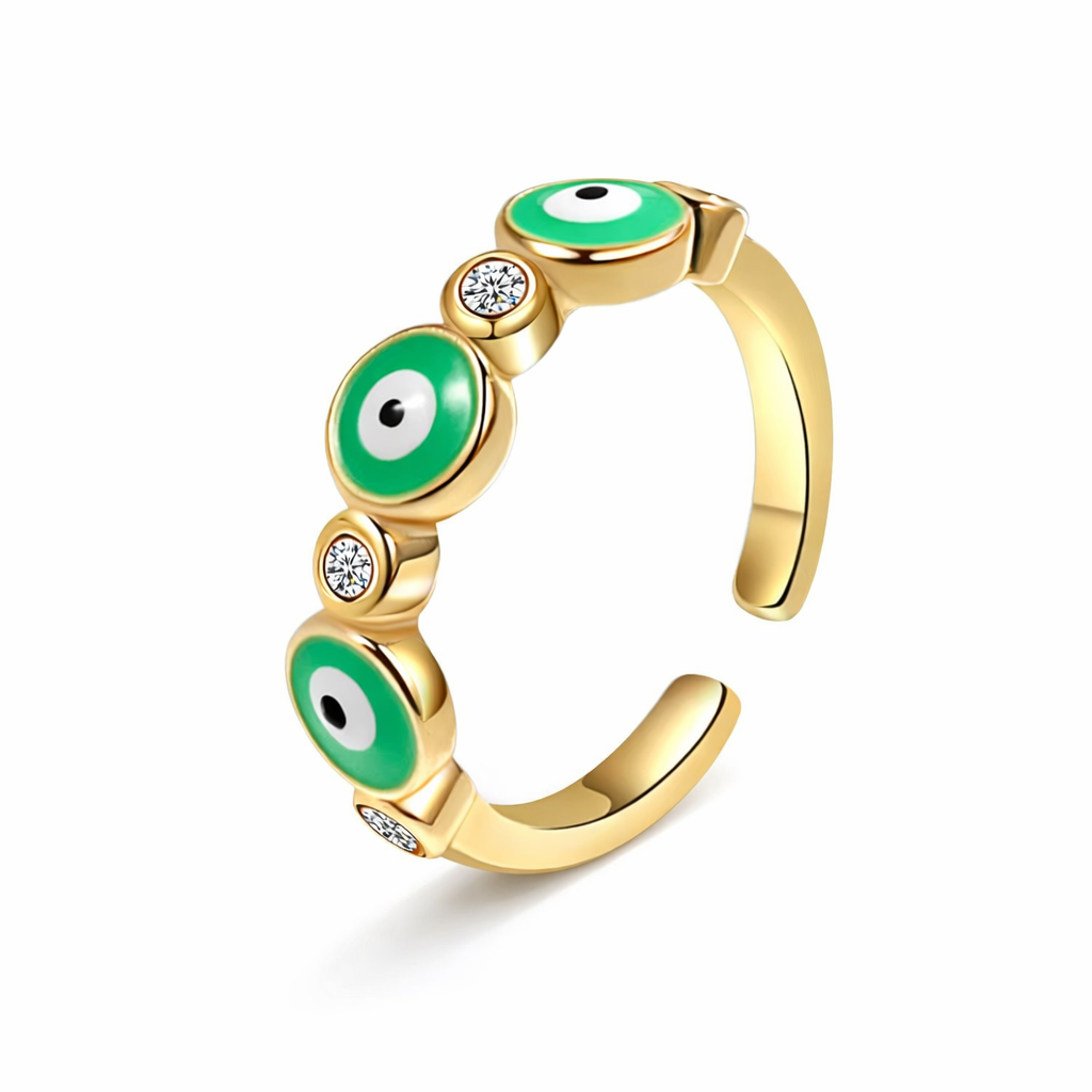 Mystique Jewelries 18K Gold Plated Evil Eye Ring – Minimalist Adjustable Stainless Steel Enamel Protection Ring for Women