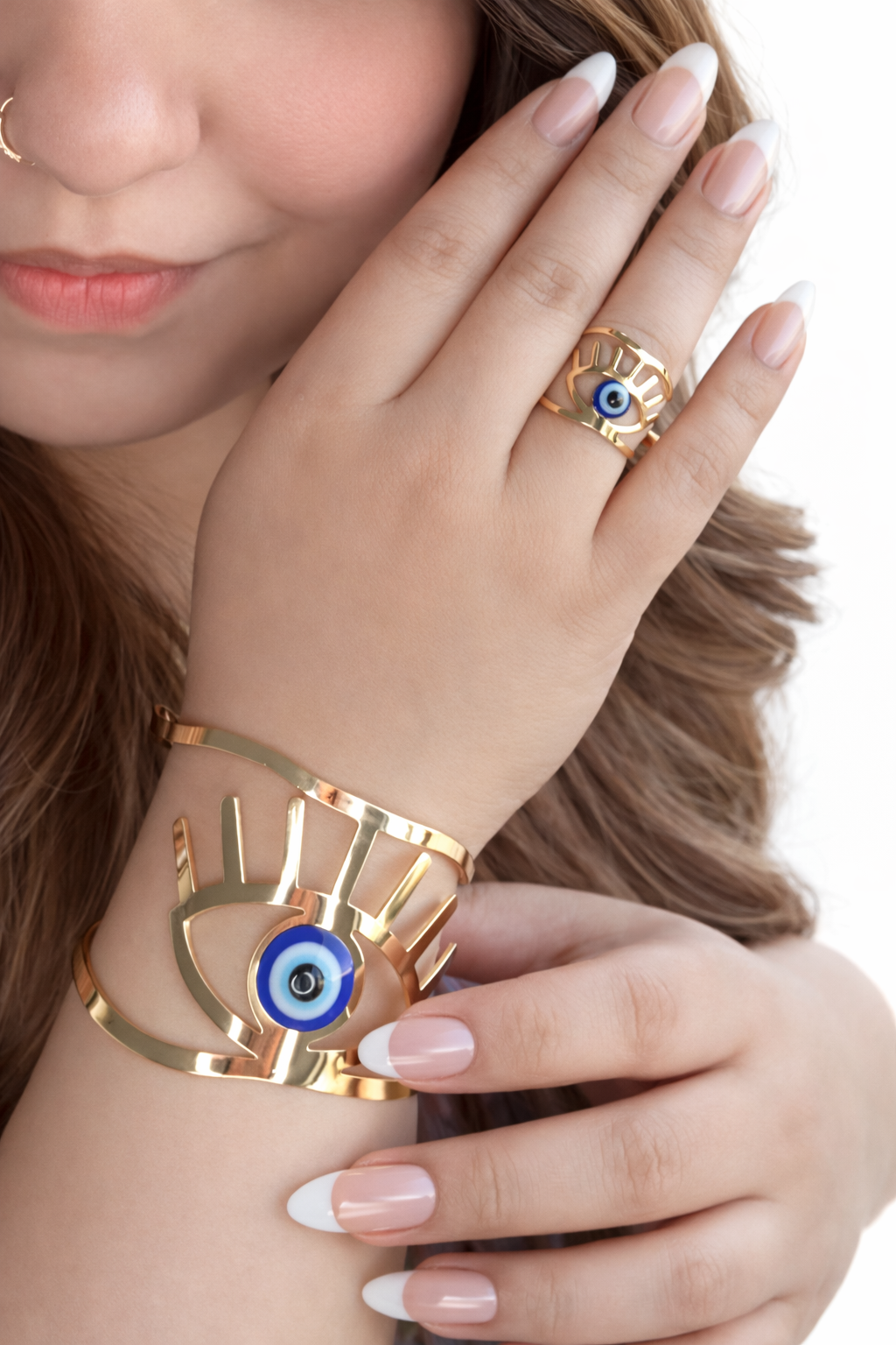Mystique Jewelries Evil Eye Gold Cutout Ring & Bracelet Set – Adjustable Cuff & Ring, Protection Jewelry for Women