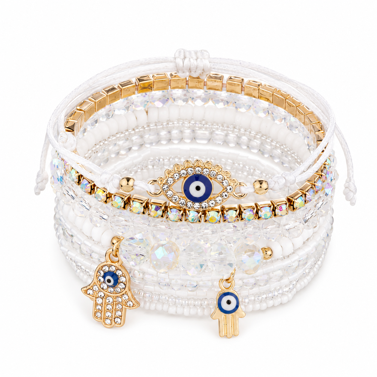Mystique Jewelries 9PCS Bohemian Evil Eye and Hamsa Charm Adjustable Crystal Beaded Stack Bracelet Set 
Untitled May1_12:02