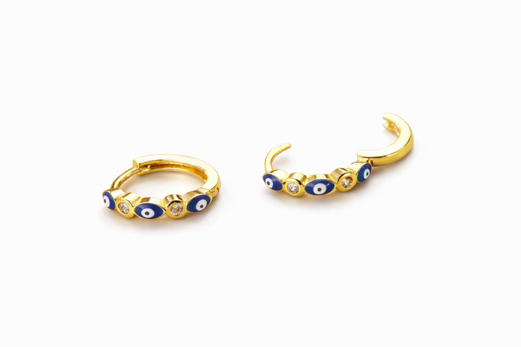 Mystique Jewelries 18K Gold Plated Evil Eye Hoop Earrings – 15mm Minimalist Huggie Hoops with Rhinestones | Hypoallergenic Everyday Jewelry
