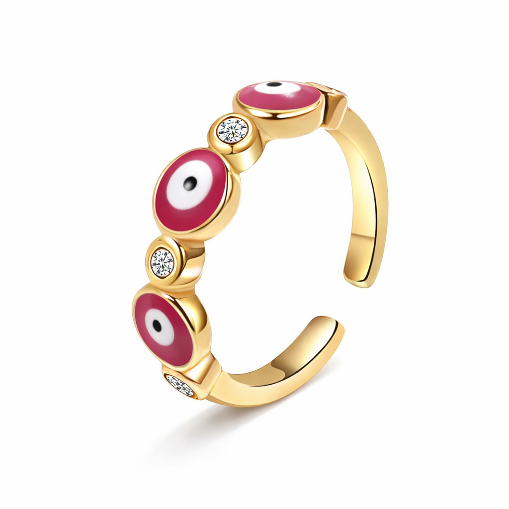 Mystique Jewelries 18K Gold Plated Evil Eye Ring – Minimalist Adjustable Stainless Steel Enamel Protection Ring for Women