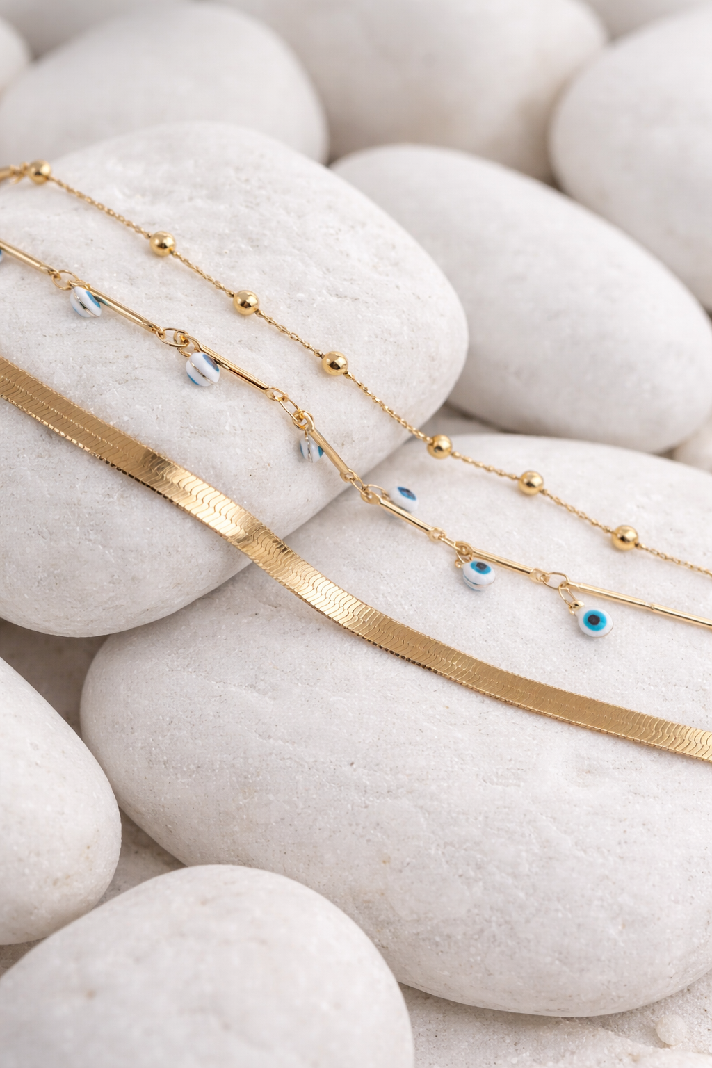 Mystique Jewelries Gold Evil Eye Anklet Set – 3 Piece Layered Adjustable Anklets with Blue Charm | Protection Jewelry for Women