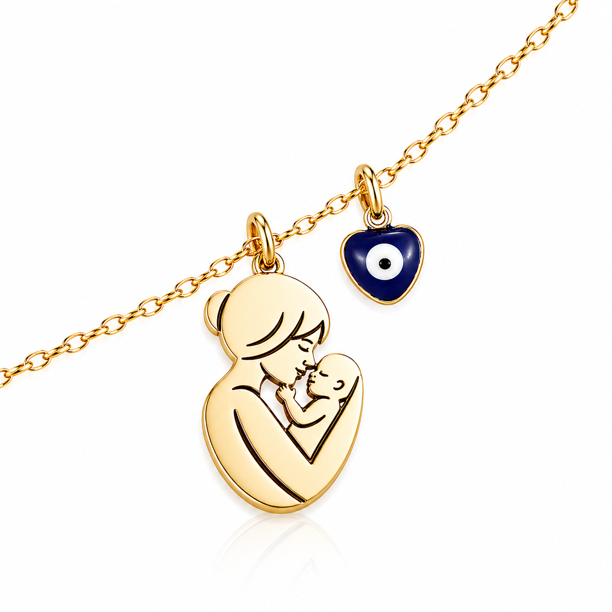 Mystique Jewelries 18K Gold Plated Stainless Steel Mom & Baby Engraved Pendant necklace with Evil Eye Charm.