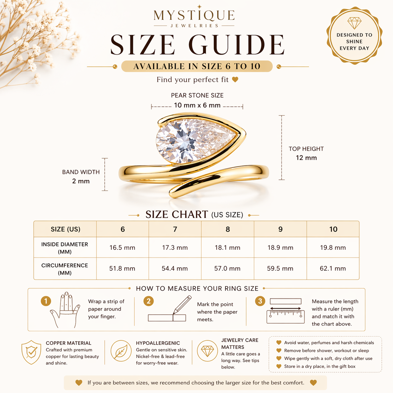 Mystique Jewelries Pear-Shaped Cubic Zirconia Ring – Elegant Gold Tone Copper Ring for Women | Minimalist Open Wrap Design | Gift-Ready Jewelry