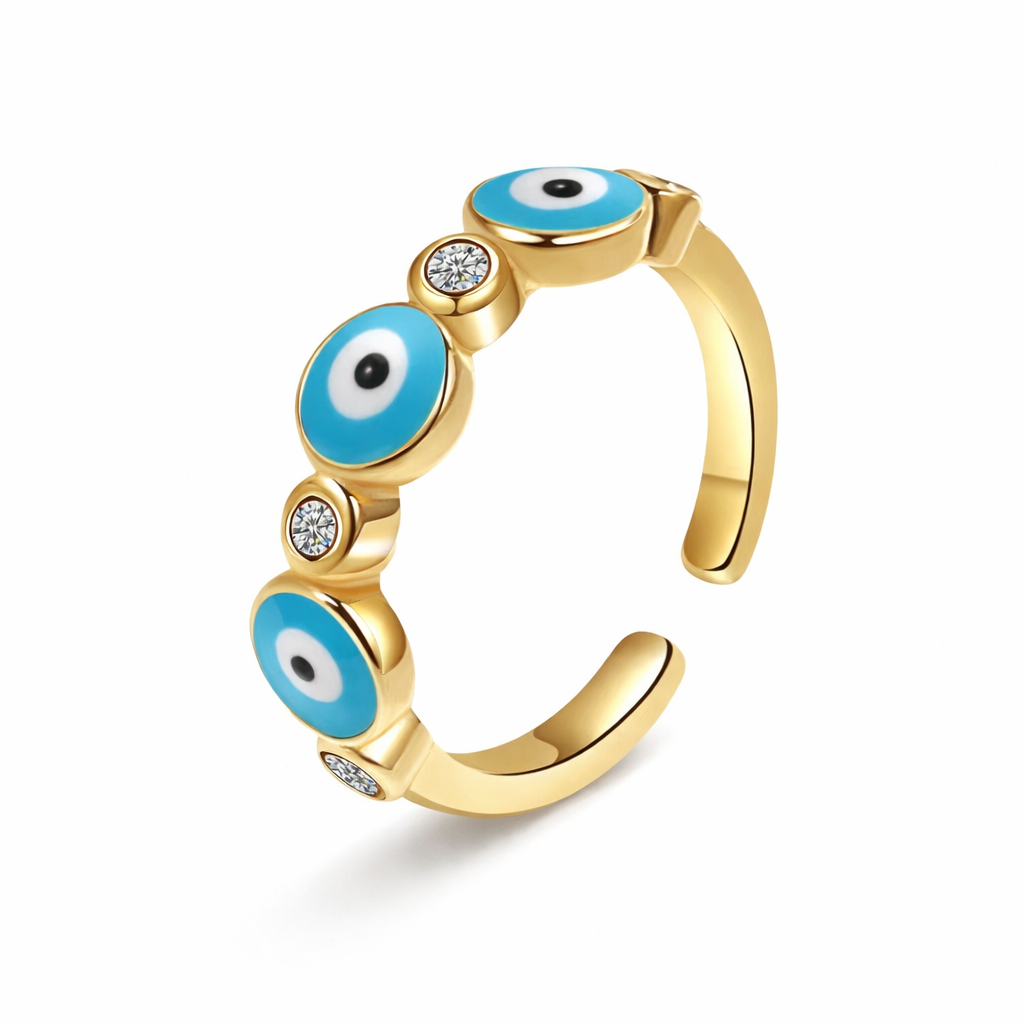 Mystique Jewelries 18K Gold Plated Evil Eye Ring – Minimalist Adjustable Stainless Steel Enamel Protection Ring for Women