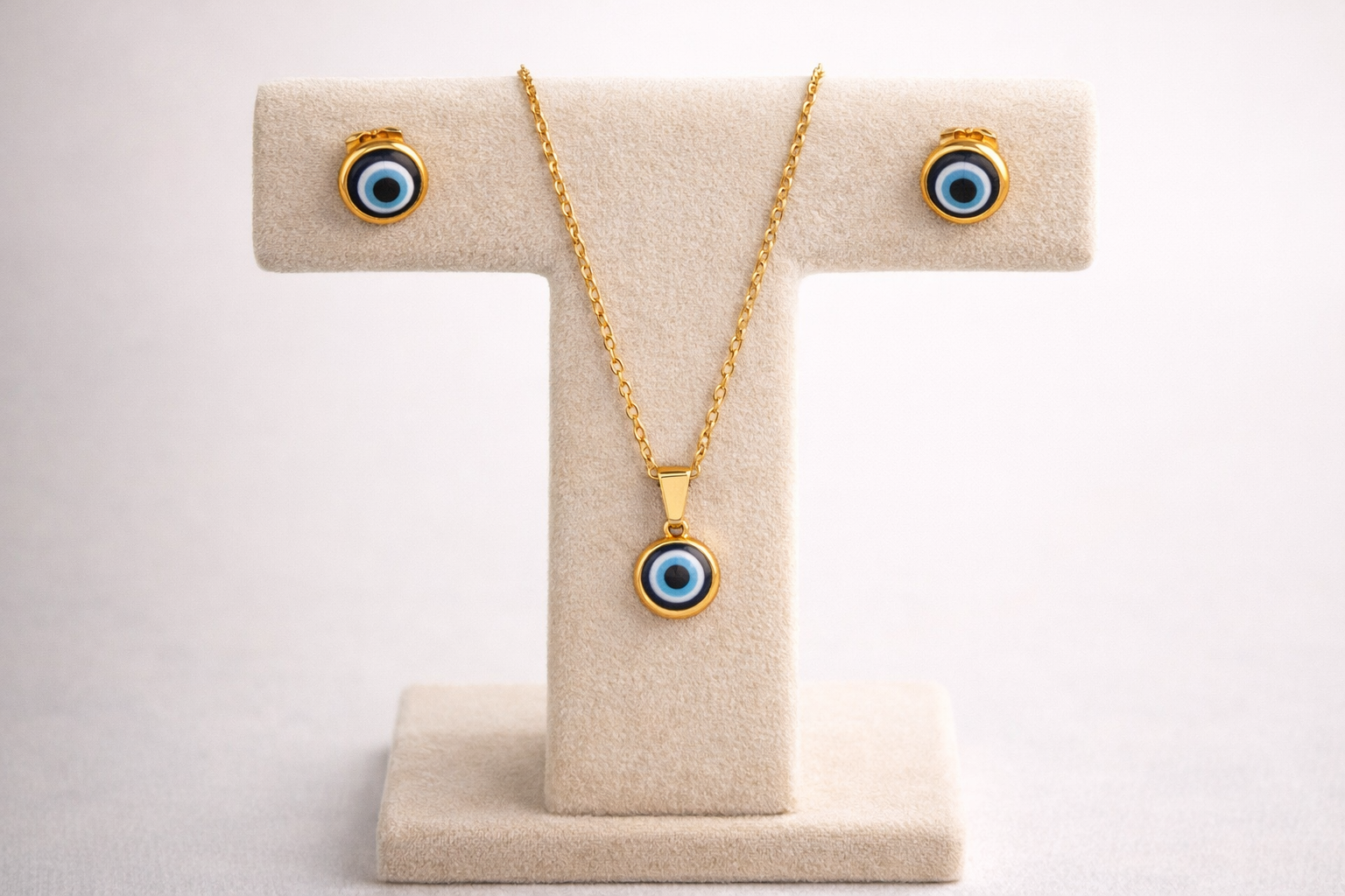 Mystique Jewelries Minimalist Evil Eye Necklace & Earrings Set – 18K Gold Plated Stainless Steel Protection Jewelry
