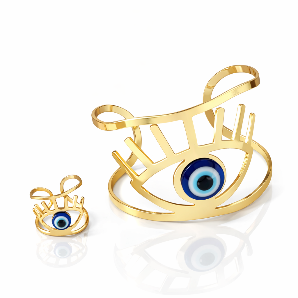 Mystique Jewelries Evil Eye Gold Cutout Ring & Bracelet Set – Adjustable Cuff & Ring, Protection Jewelry for Women