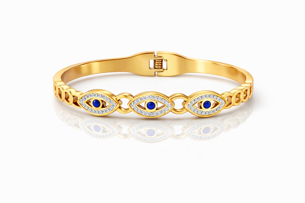 Mystique Jewelries 18K Gold Plated Evil Eye Bracelet for Women – Blue Stone Lucky Protection Cuff | Stainless Steel Hinged Bangle with Crystal Accents