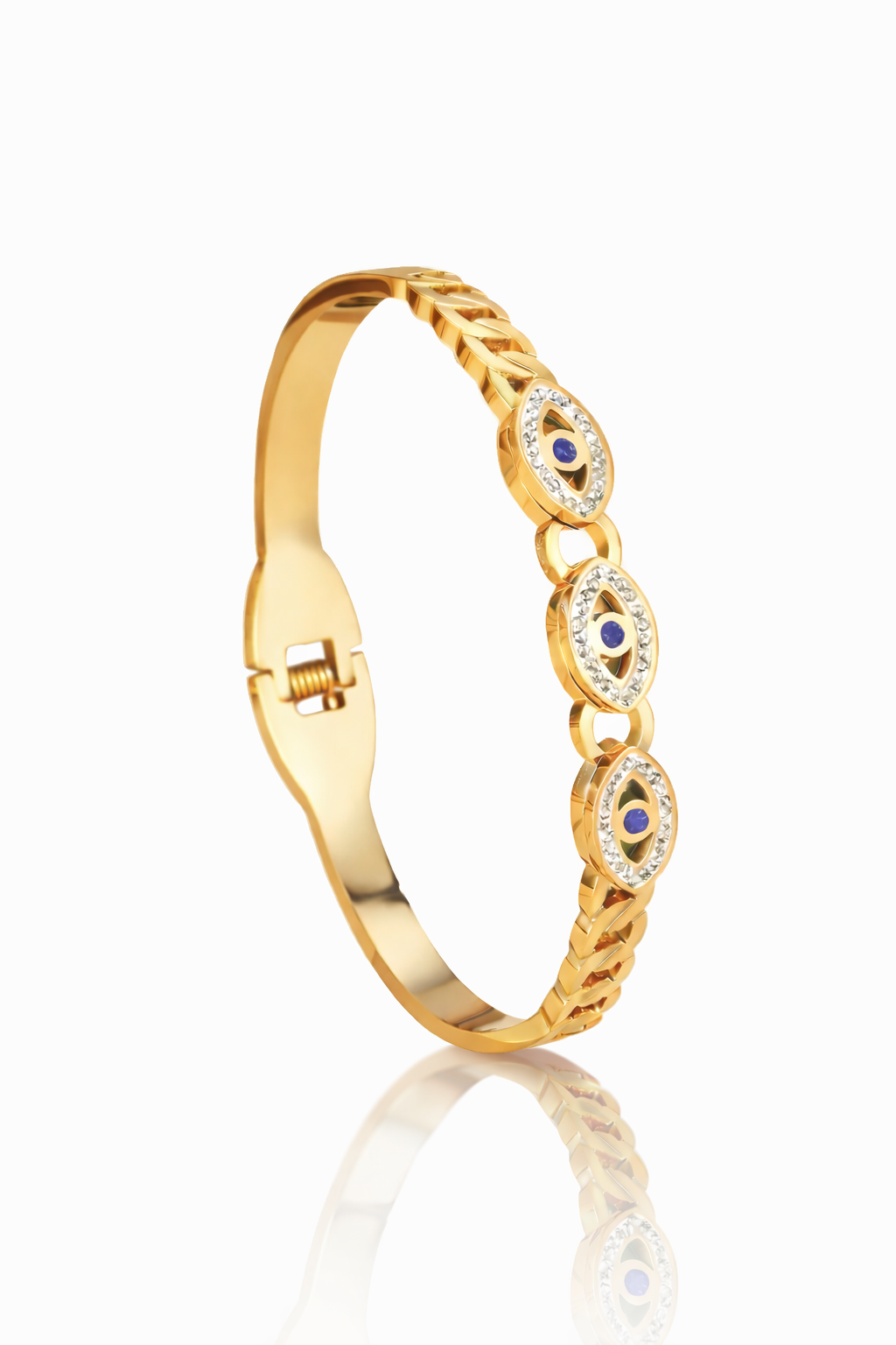 Mystique Jewelries 18K Gold Plated Evil Eye Bracelet for Women – Blue Stone Lucky Protection Cuff | Stainless Steel Hinged Bangle with Crystal Accents