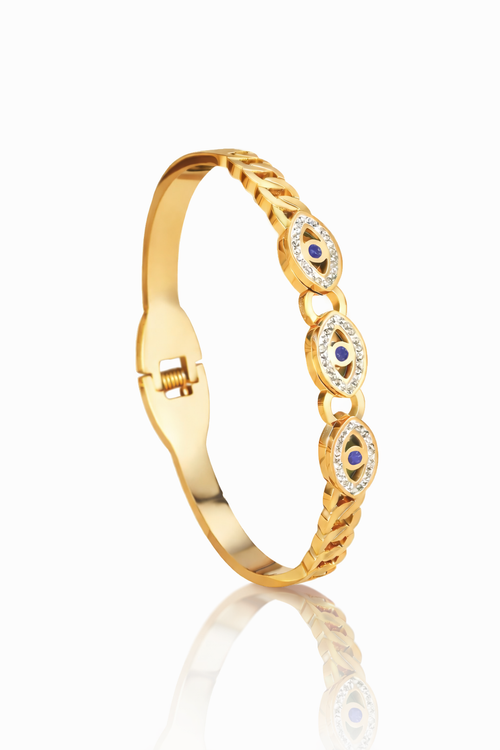 Mystique Jewelries 18K Gold Plated Evil Eye Bracelet for Women – Blue Stone Lucky Protection Cuff | Stainless Steel Hinged Bangle with Crystal Accents