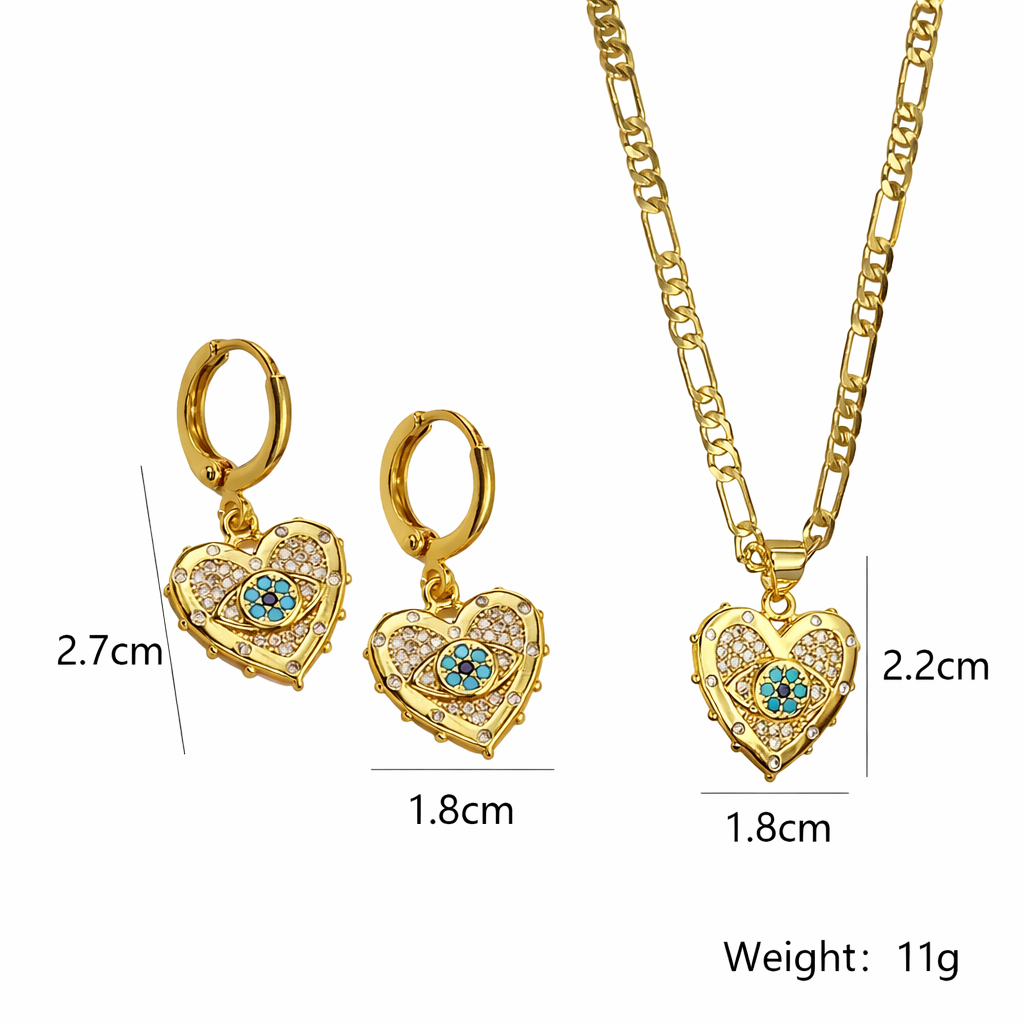 Mystique Jewelries Evil Eye Jewelry Set Gold Heart Pendant Necklace & Drop Earrings.