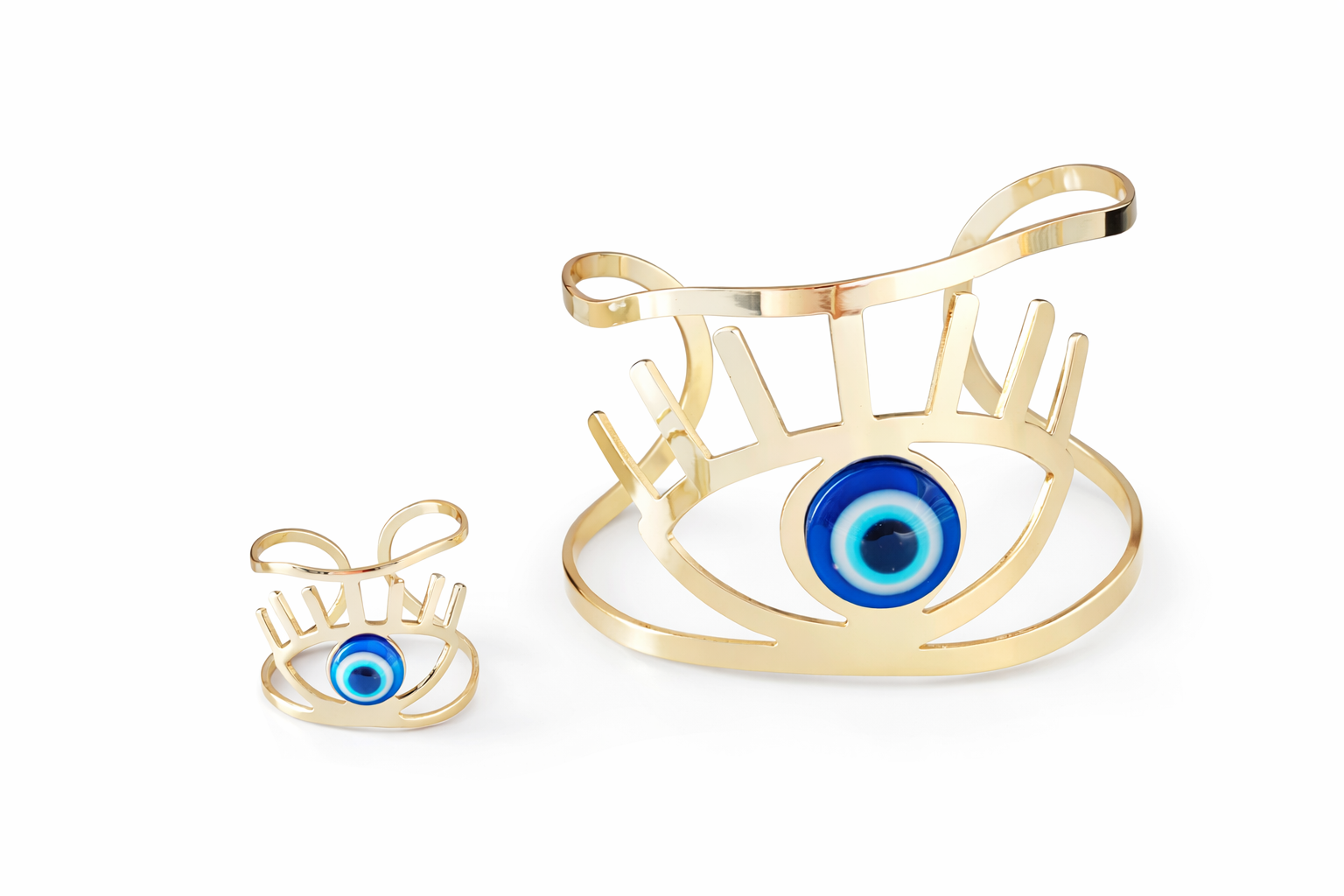 Mystique Jewelries Evil Eye Gold Cutout Ring & Bracelet Set – Adjustable Cuff & Ring, Protection Jewelry for Women