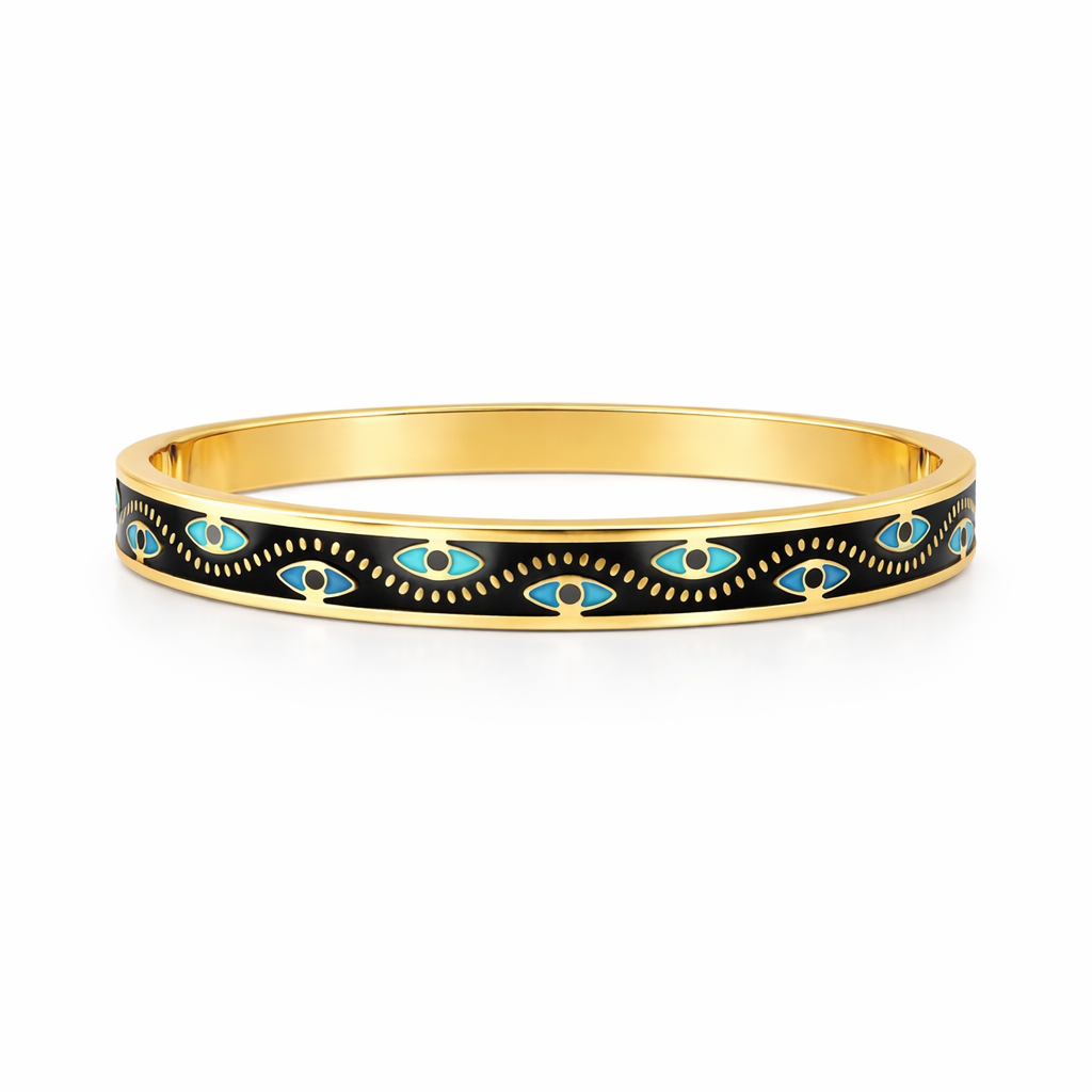 Mystique Jewelries Black Vintage 18k gold plated Evil Eye Stainless Steel and Blue Enamel Stackable Fashion Bangle