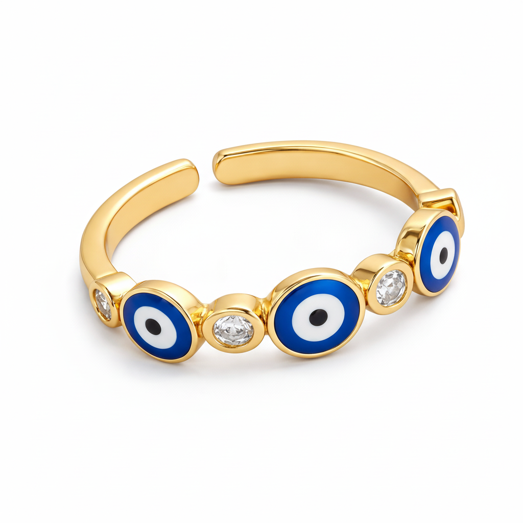 Mystique Jewelries 18K Gold Plated Evil Eye Ring – Minimalist Adjustable Stainless Steel Enamel Protection Ring for Women
