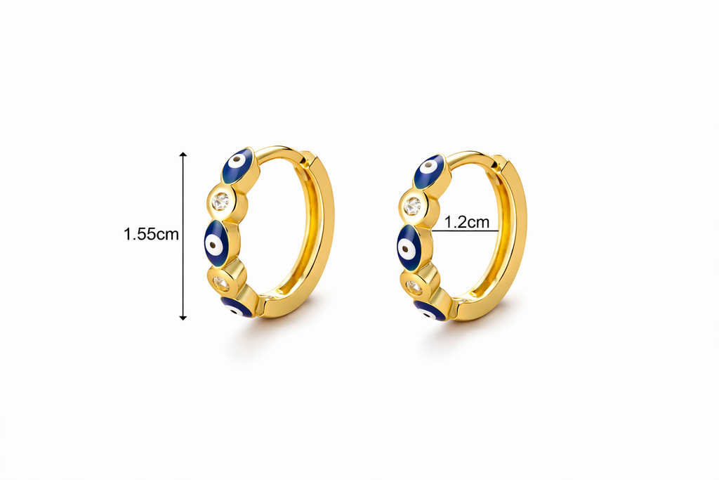 Mystique Jewelries 18K Gold Plated Evil Eye Hoop Earrings – 15mm Minimalist Huggie Hoops with Rhinestones | Hypoallergenic Everyday Jewelry