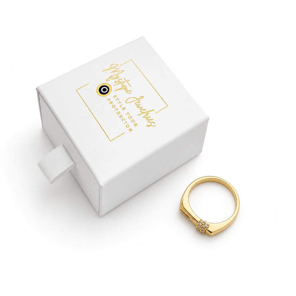 Mystique Jewelries Minimalist Gold Cubic Zirconia Bar Square Signet Flat Top Ring | Elegant Geometric Statement Jewelry