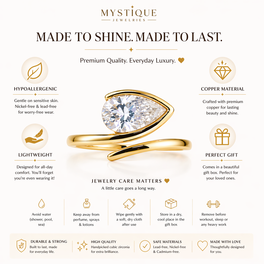 Mystique Jewelries Pear-Shaped Cubic Zirconia Ring – Elegant Gold Tone Copper Ring for Women | Minimalist Open Wrap Design | Gift-Ready Jewelry