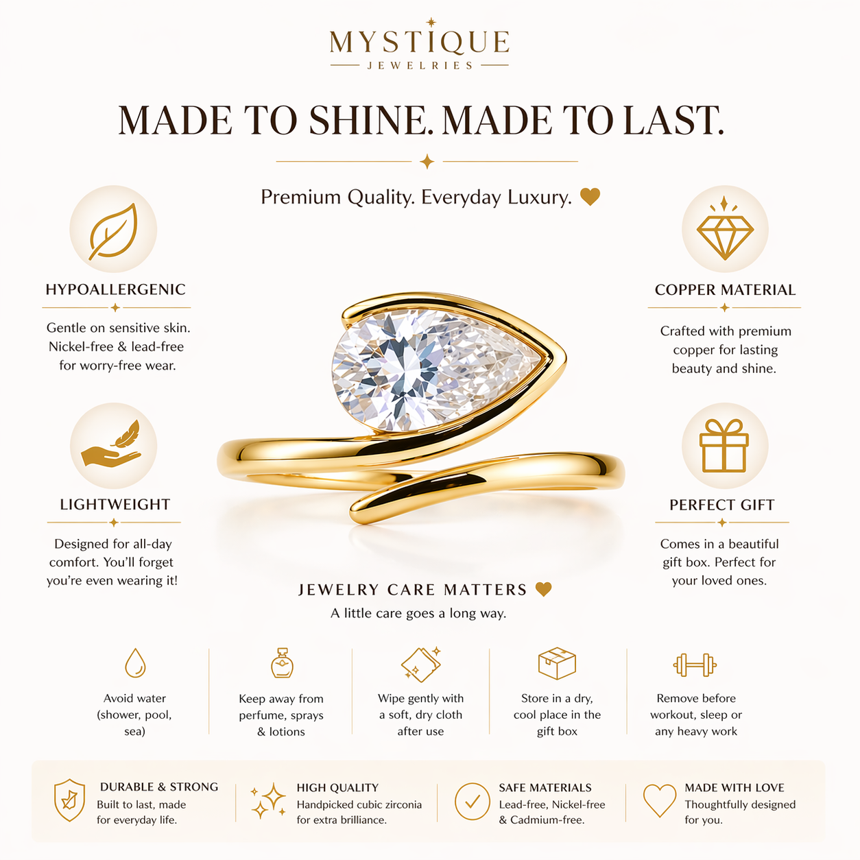 Mystique Jewelries Pear-Shaped Cubic Zirconia Ring – Elegant Gold Tone Copper Ring for Women | Minimalist Open Wrap Design | Gift-Ready Jewelry