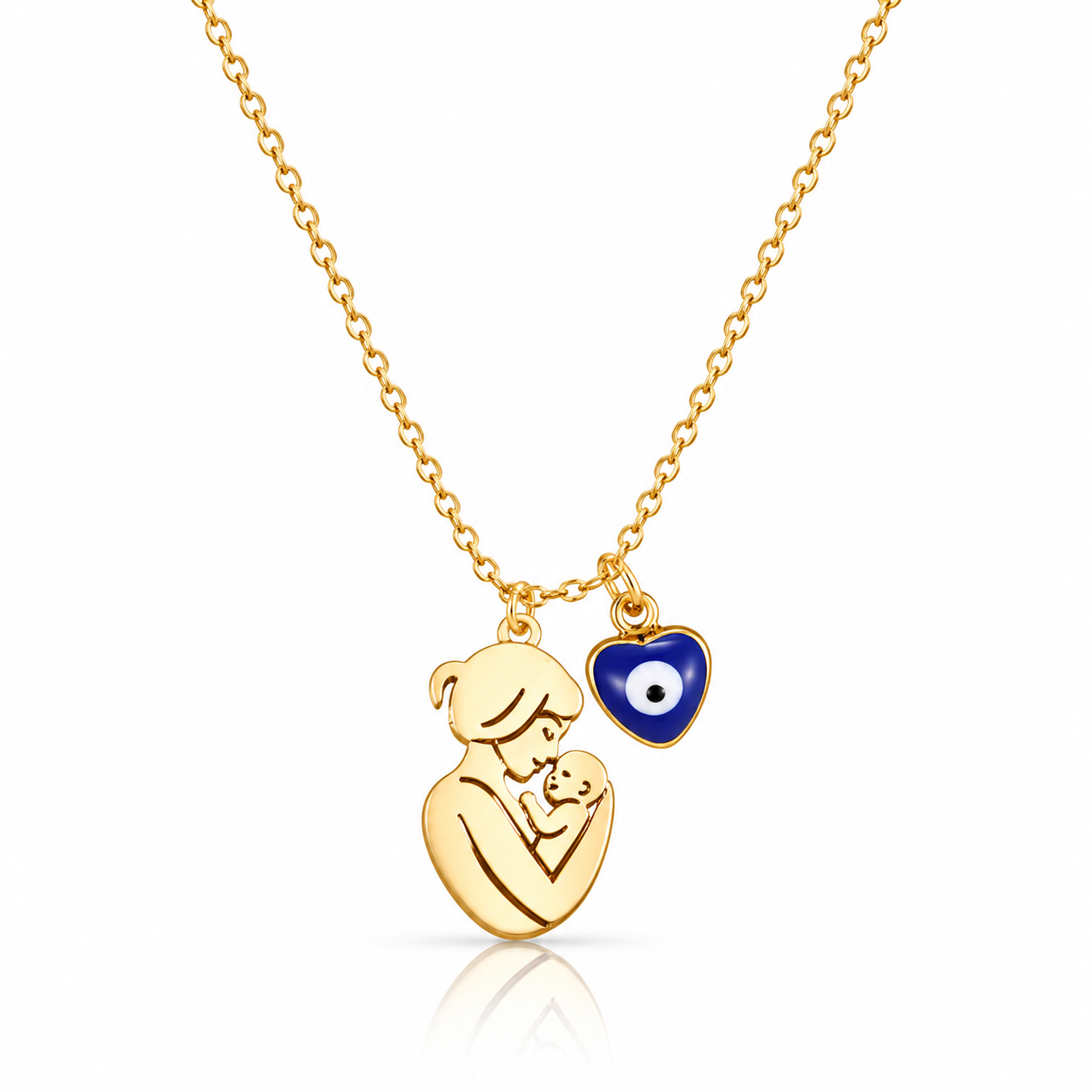 Mystique Jewelries 18K Gold Plated Stainless Steel Mom & Baby Engraved Pendant necklace with Evil Eye Charm.