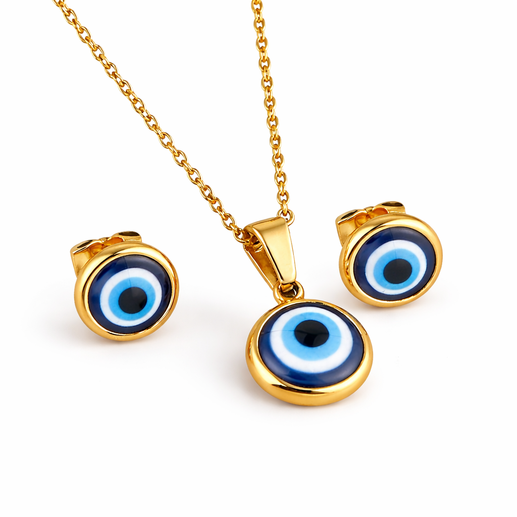 Mystique Jewelries Minimalist Evil Eye Necklace & Earrings Set – 18K Gold Plated Stainless Steel Protection Jewelry
