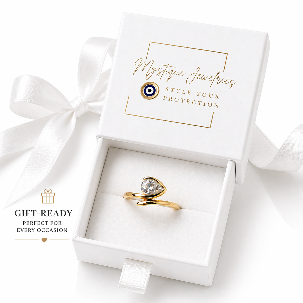 Mystique Jewelries Pear-Shaped Cubic Zirconia Ring – Elegant Gold Tone Copper Ring for Women | Minimalist Open Wrap Design | Gift-Ready Jewelry