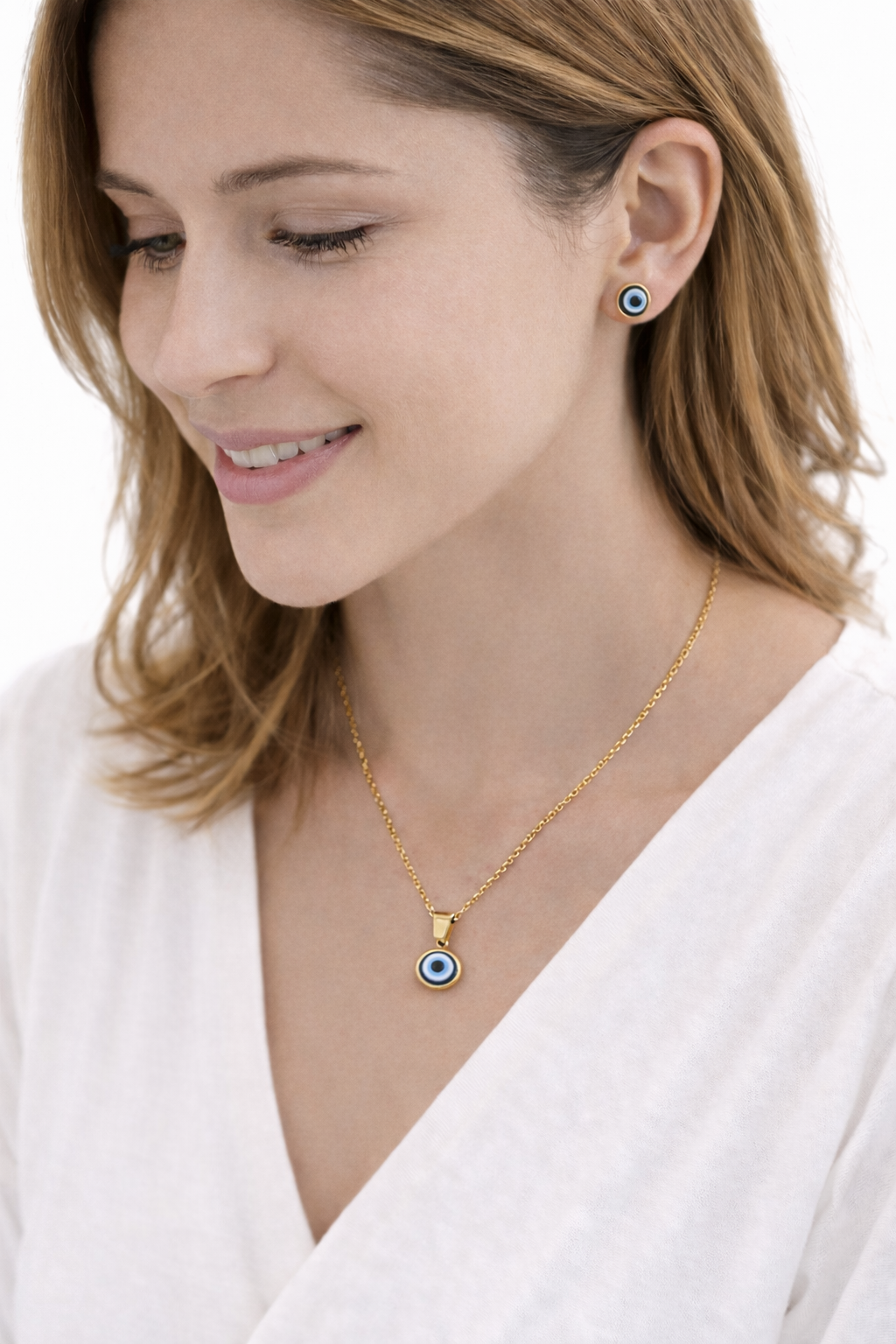Mystique Jewelries Minimalist Evil Eye Necklace & Earrings Set – 18K Gold Plated Stainless Steel Protection Jewelry