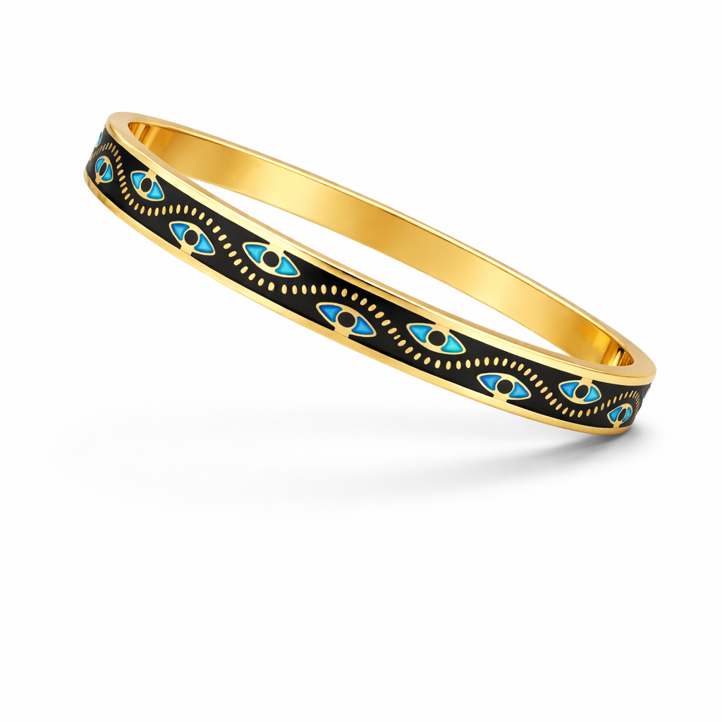 Mystique Jewelries Black Vintage 18k gold plated Evil Eye Stainless Steel and Blue Enamel Stackable Fashion Bangle