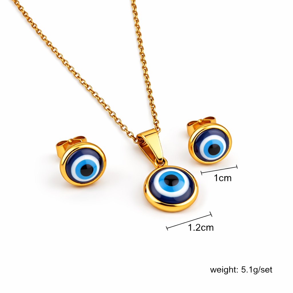 Mystique Jewelries Minimalist Evil Eye Necklace & Earrings Set – 18K Gold Plated Stainless Steel Protection Jewelry