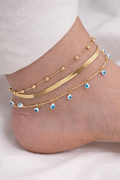Mystique Jewelries Gold Evil Eye Anklet Set – 3 Piece Layered Adjustable Anklets with Blue Charm | Protection Jewelry for Women
