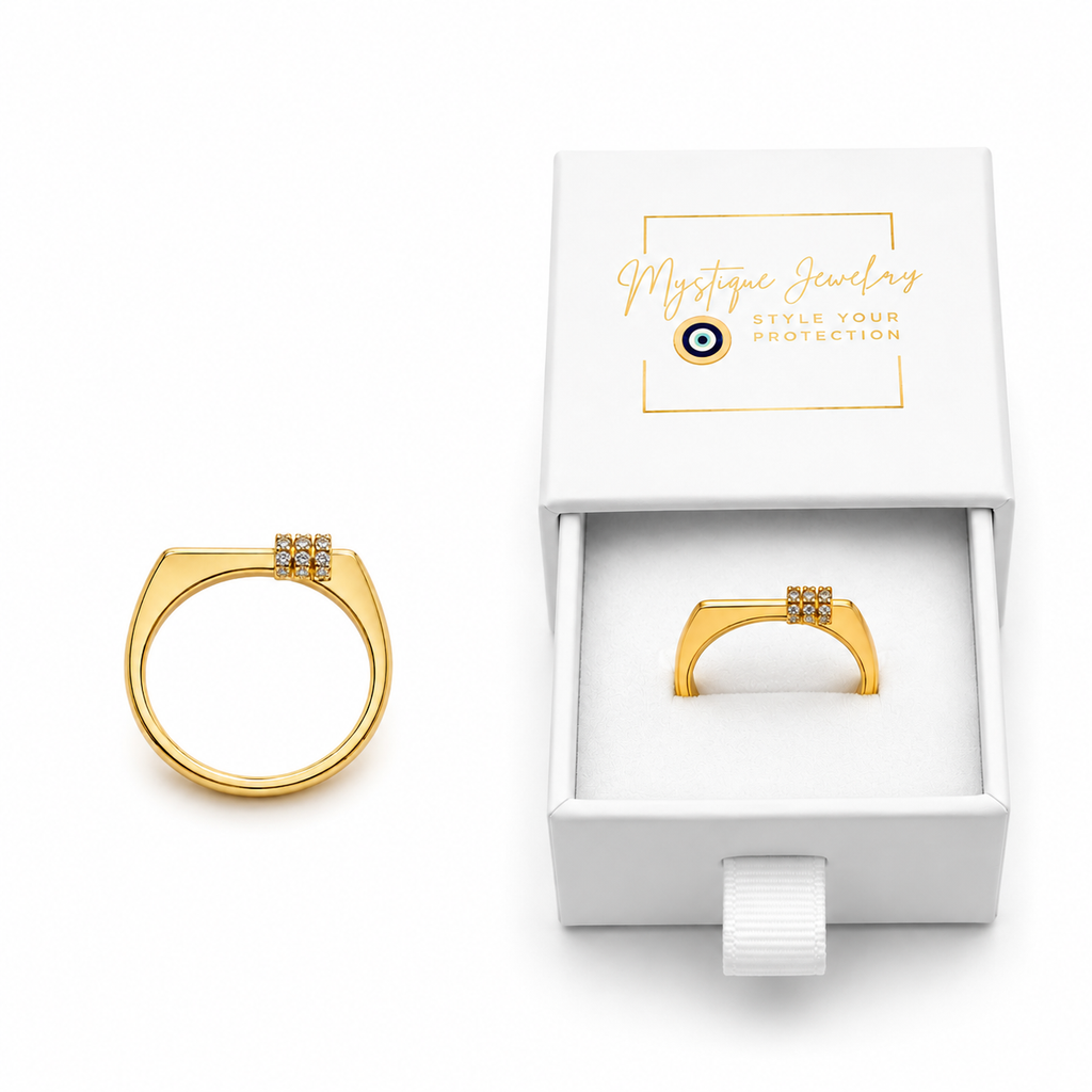 Mystique Jewelries Minimalist Gold Cubic Zirconia Bar Square Signet Flat Top Ring | Elegant Geometric Statement Jewelry