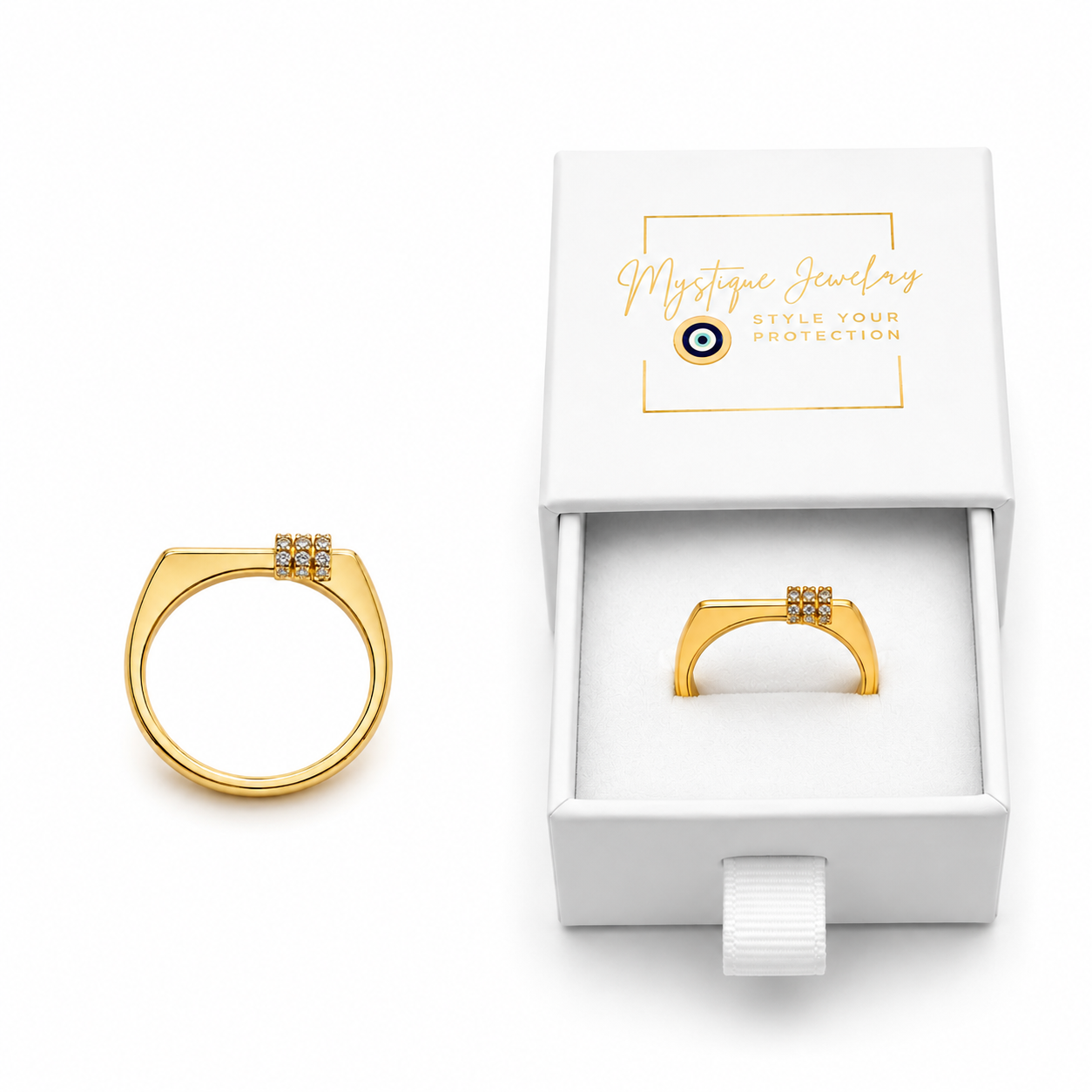 Mystique Jewelries Minimalist Gold Cubic Zirconia Bar Square Signet Flat Top Ring | Elegant Geometric Statement Jewelry