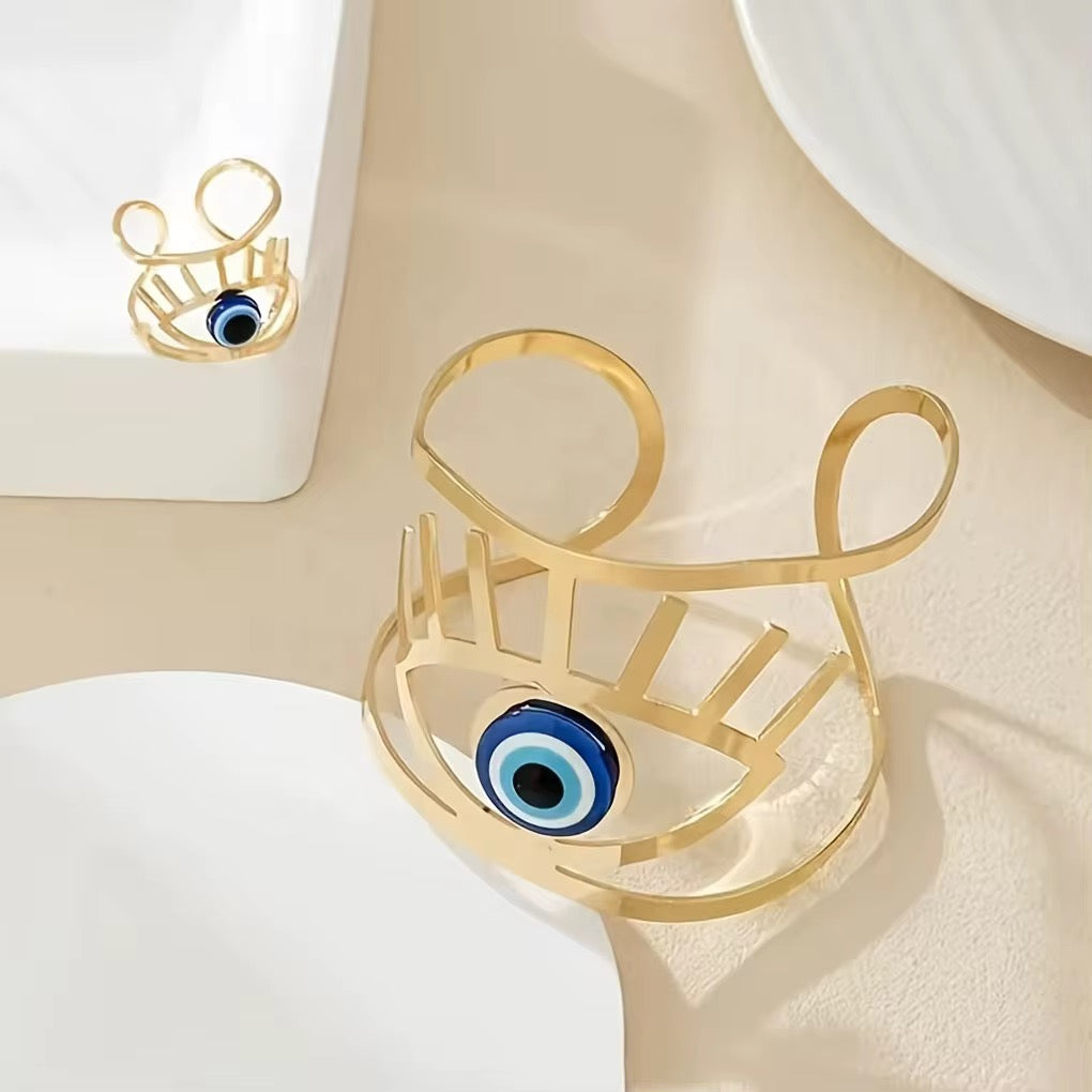 Mystique Jewelries Evil Eye Gold Cutout Ring & Bracelet Set – Adjustable Cuff & Ring, Protection Jewelry for Women