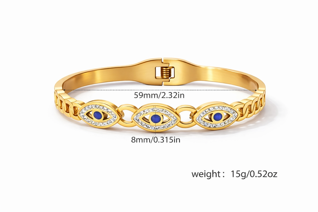 Mystique Jewelries 18K Gold Plated Evil Eye Bracelet for Women – Blue Stone Lucky Protection Cuff | Stainless Steel Hinged Bangle with Crystal Accents