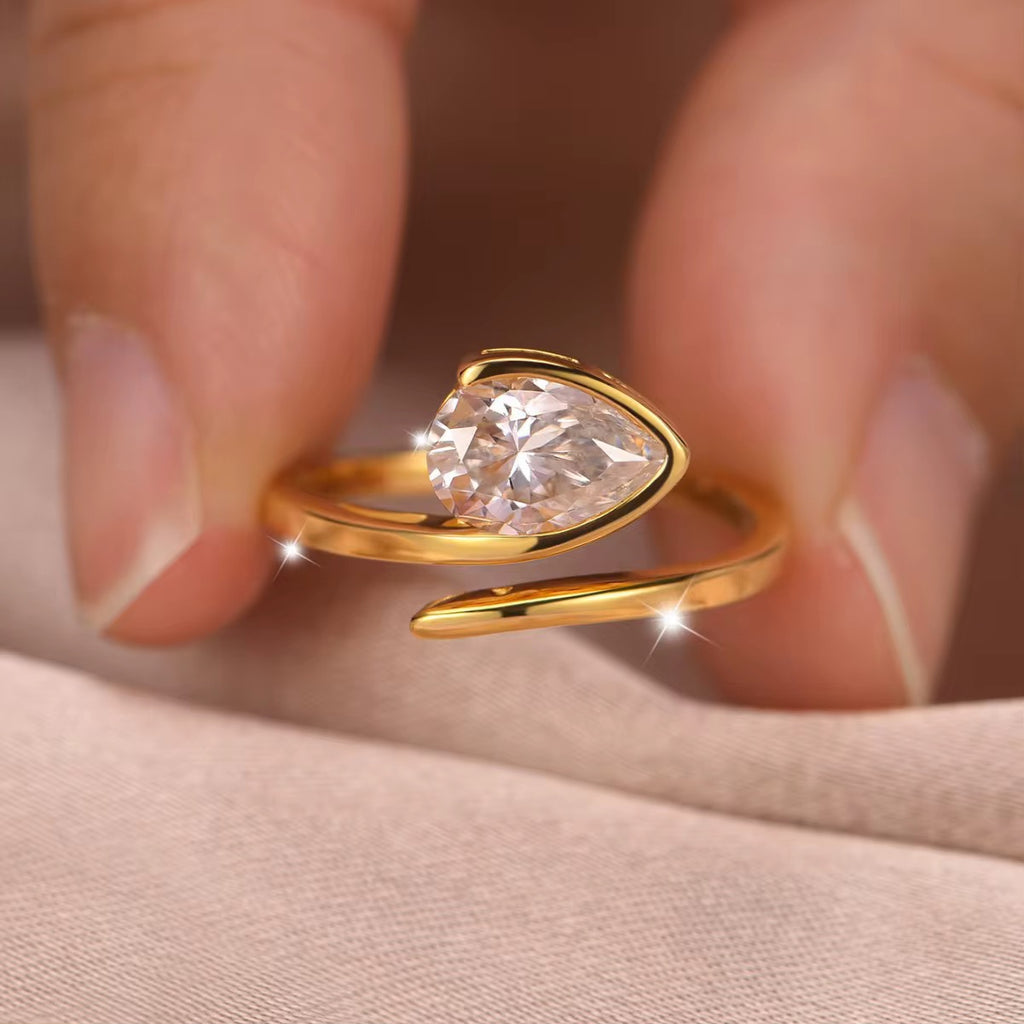 Mystique Jewelries Pear-Shaped Cubic Zirconia Ring – Elegant Gold Tone Copper Ring for Women | Minimalist Open Wrap Design | Gift-Ready Jewelry