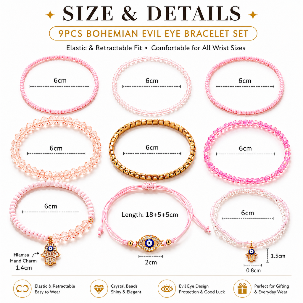 Mystique Jewelries 9PCS Bohemian Evil Eye and Hamsa Charm Adjustable Crystal Beaded Stack Bracelet Set 
Untitled May1_12:02