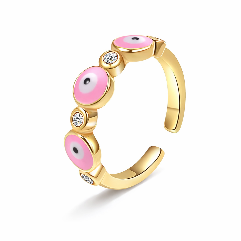 Mystique Jewelries 18K Gold Plated Evil Eye Ring – Minimalist Adjustable Stainless Steel Enamel Protection Ring for Women