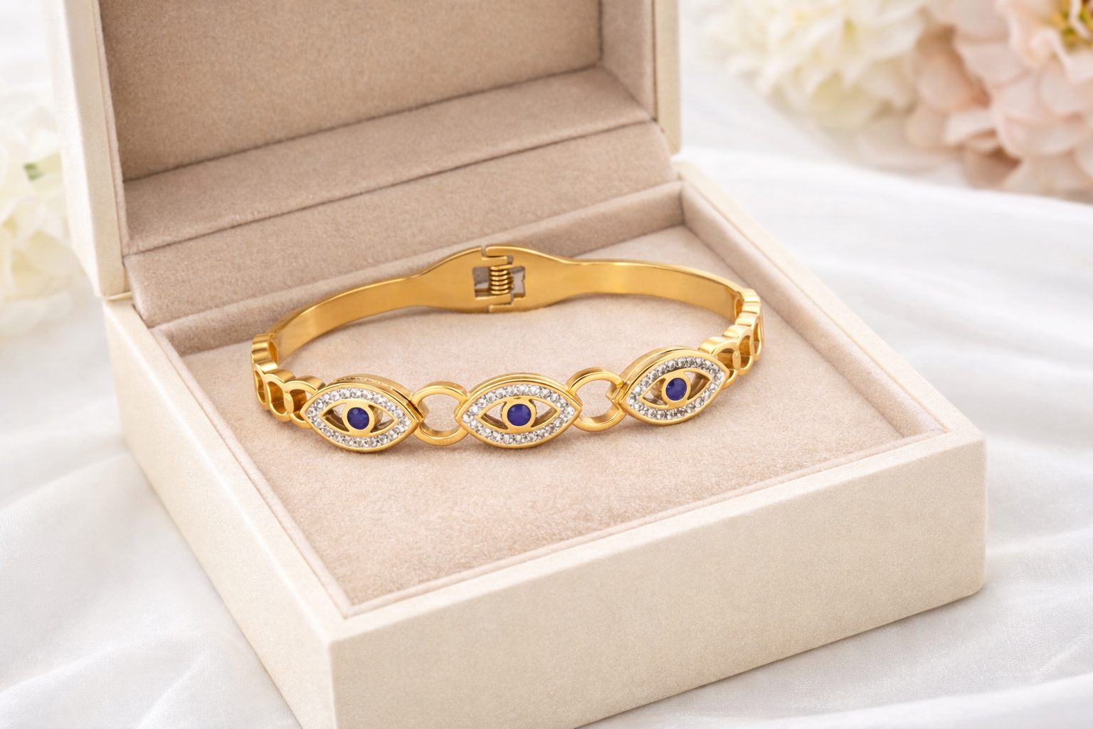 Mystique Jewelries 18K Gold Plated Evil Eye Bracelet for Women – Blue Stone Lucky Protection Cuff | Stainless Steel Hinged Bangle with Crystal Accents