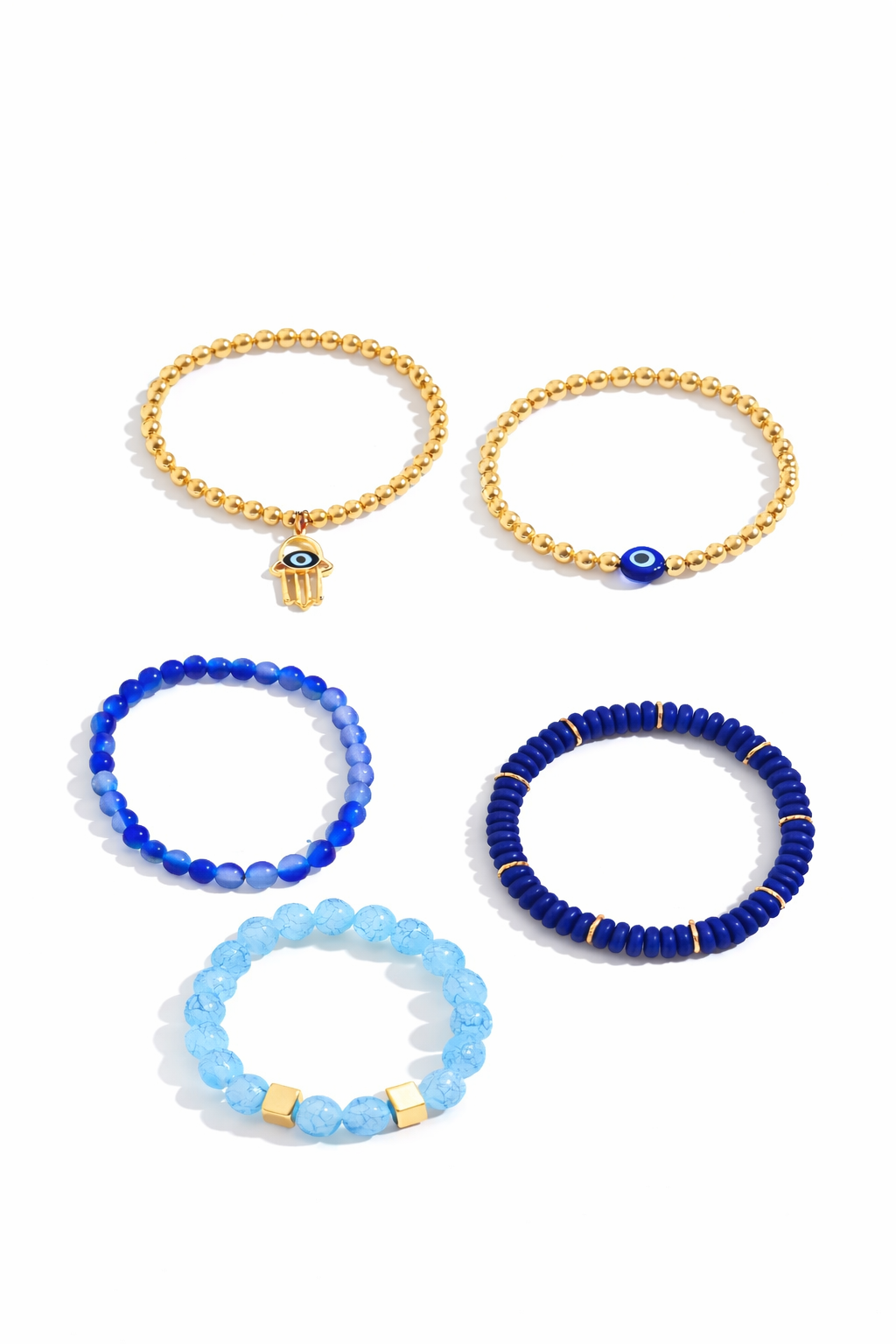 Mystique Jewelries 5PCS Hamsa Hand Evil Eye Beaded Bracelet Set – Blue Glass Beads Stretch Stackable Protection Bracelets for Women