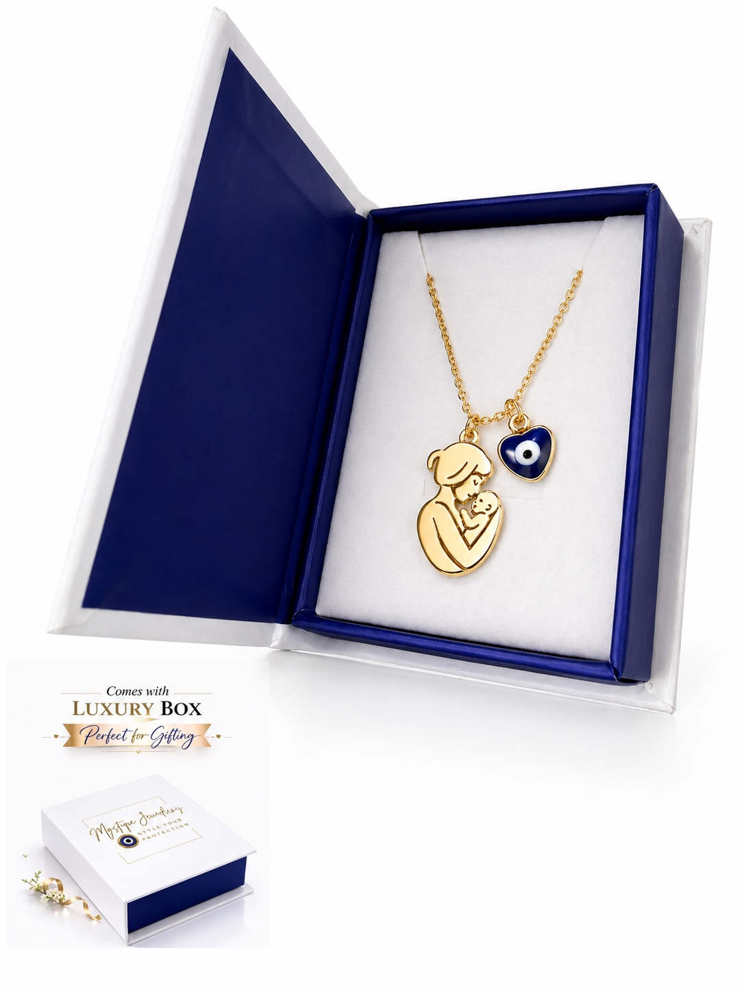 Mystique Jewelries 18K Gold Plated Stainless Steel Mom & Baby Engraved Pendant necklace with Evil Eye Charm.