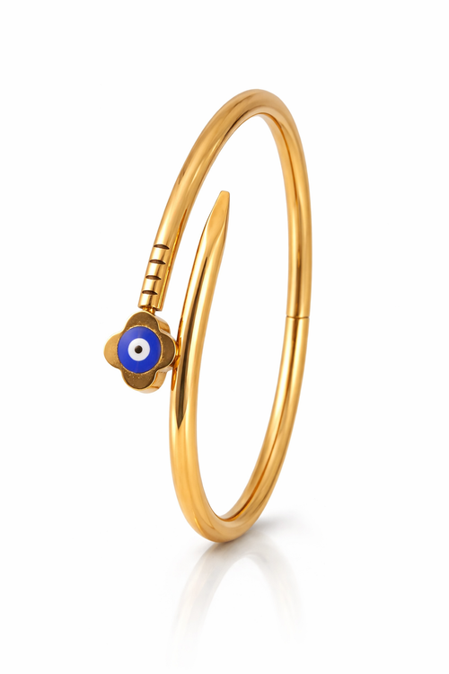 Mystique Jewelries 18K Gold Plated Snake Bangle with Blue Evil Eye Charm