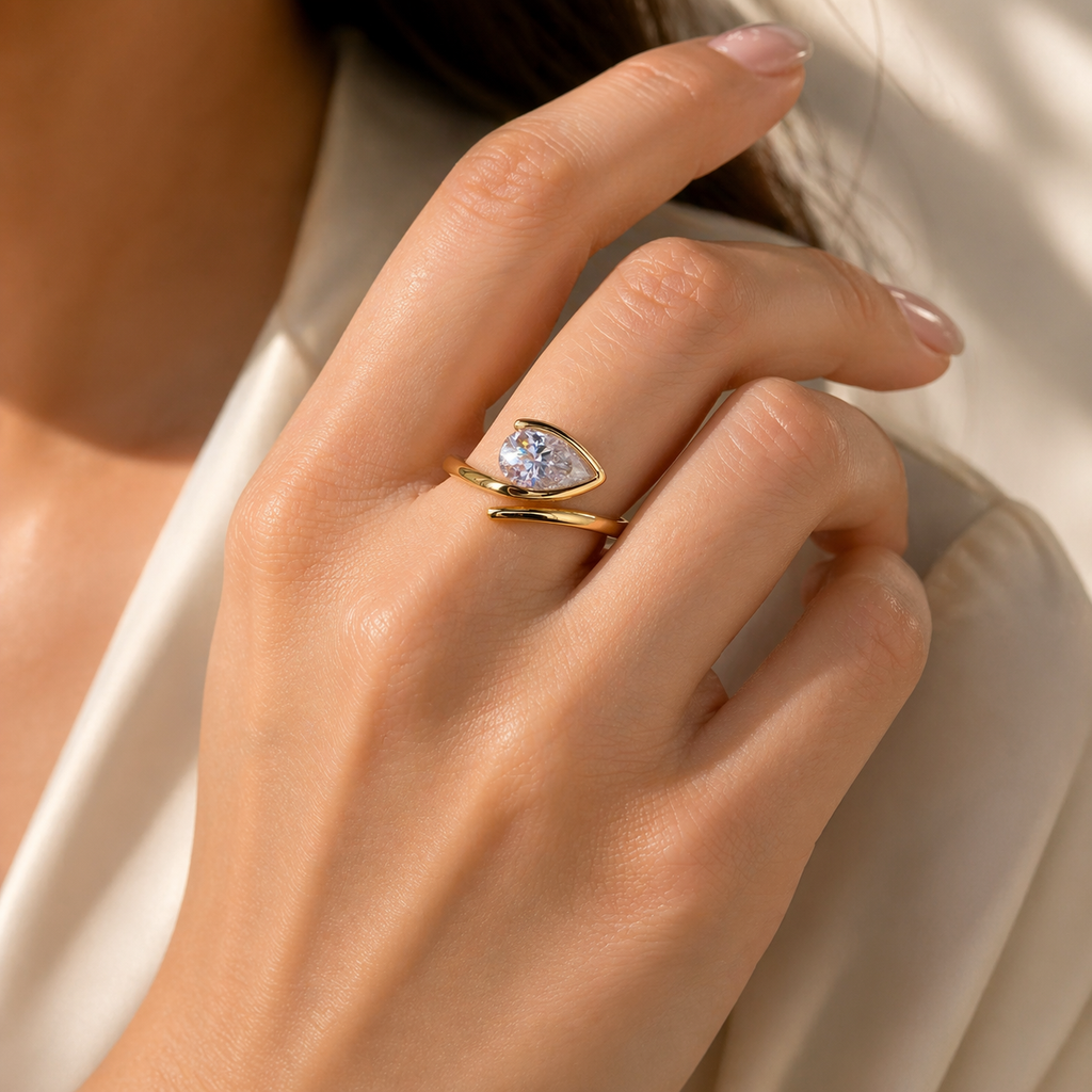 Mystique Jewelries Pear-Shaped Cubic Zirconia Ring – Elegant Gold Tone Copper Ring for Women | Minimalist Open Wrap Design | Gift-Ready Jewelry