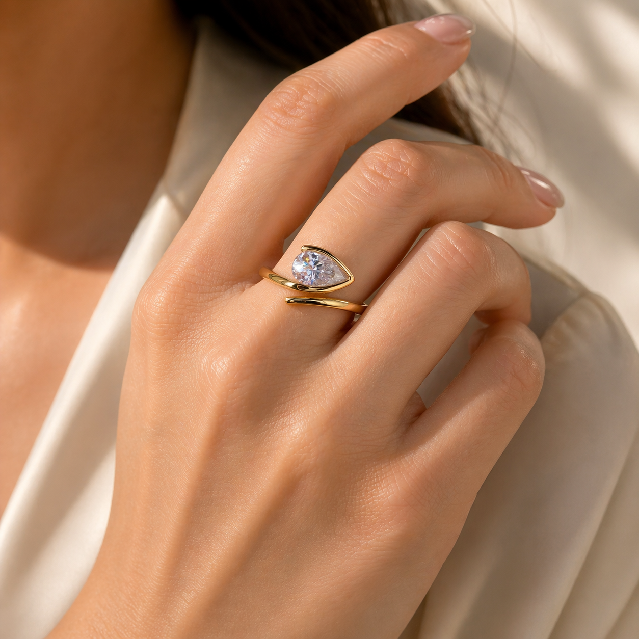 Mystique Jewelries Pear-Shaped Cubic Zirconia Ring – Elegant Gold Tone Copper Ring for Women | Minimalist Open Wrap Design | Gift-Ready Jewelry