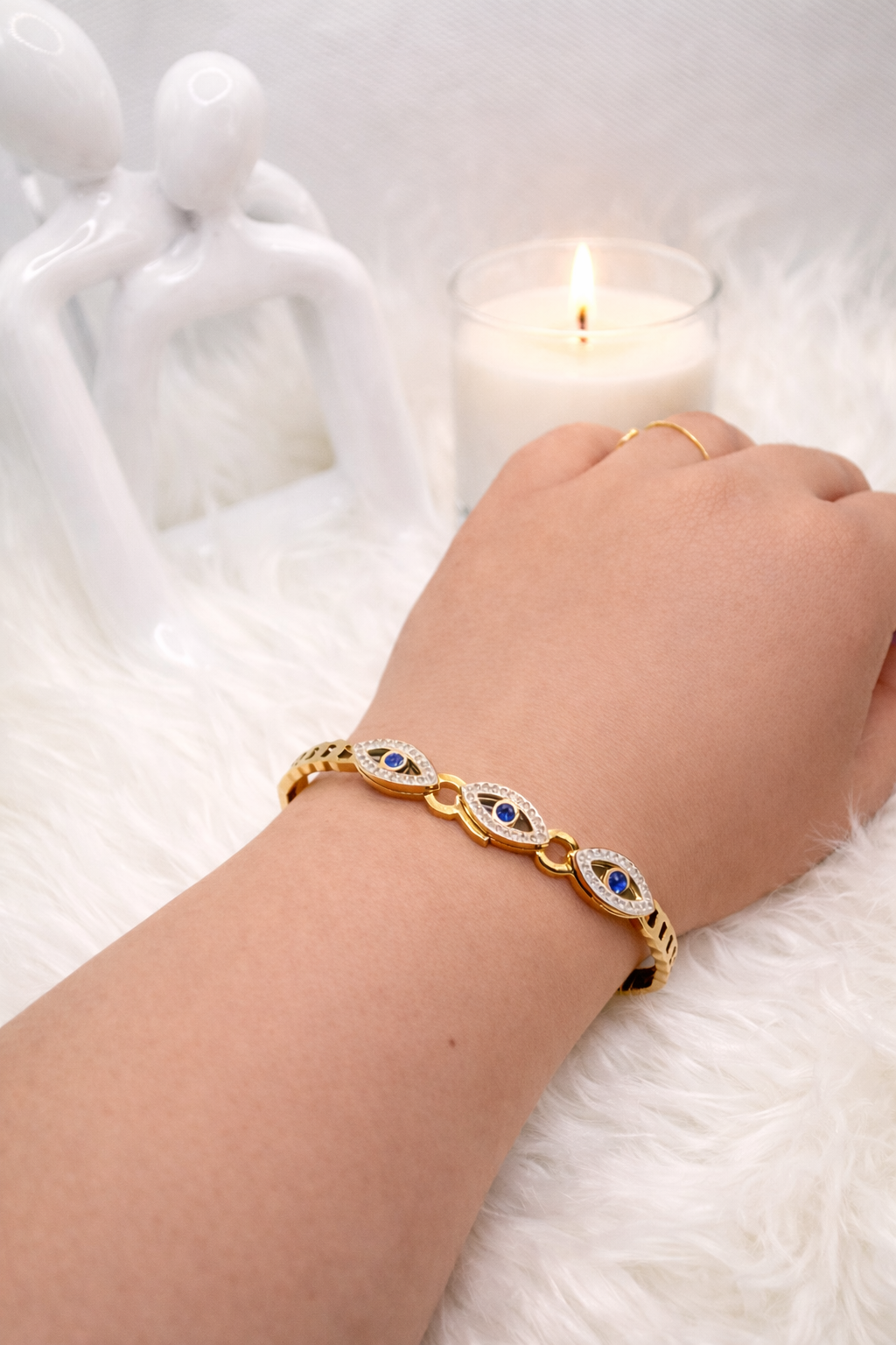 Mystique Jewelries 18K Gold Plated Evil Eye Bracelet for Women – Blue Stone Lucky Protection Cuff | Stainless Steel Hinged Bangle with Crystal Accents