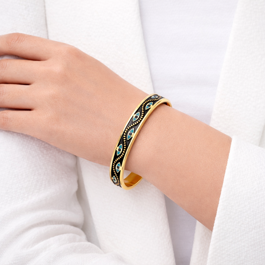 Mystique Jewelries Black Vintage 18k gold plated Evil Eye Stainless Steel and Blue Enamel Stackable Fashion Bangle